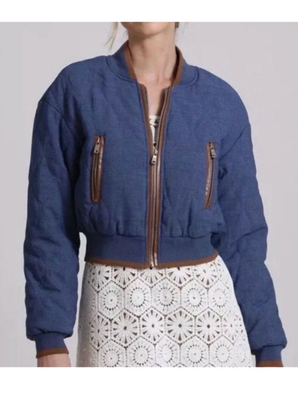 7 For All Mankind Quilted Chambray Cropped Bomber Jacket Blue - Size S